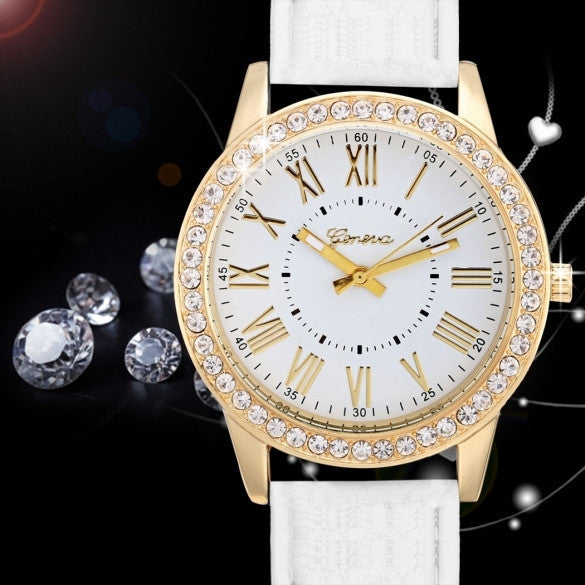 Fashion Women Analog Synthetic Leather Watchband Rhinestone Decoration Quartz Casual Watch Wristwatch - May Your Fashion - 5