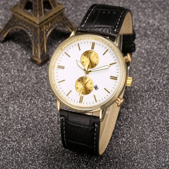 Fashion Men Watch Dial Quartz Wristwatch Leather Band Auto Date Display - May Your Fashion - 2