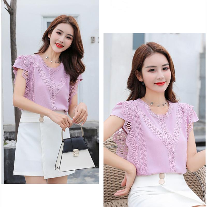 Korean Fashion Clothing Plus Size Solid Shirt Women Blouse Summer Womens Tops and Blouses Lace Patchwork Blusas