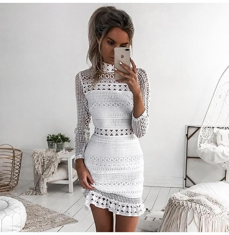 Sexy Lace Stitching Hollow Out Dress Elegant Women Sleeveless White Summer Chic Short Club Party Dresses
