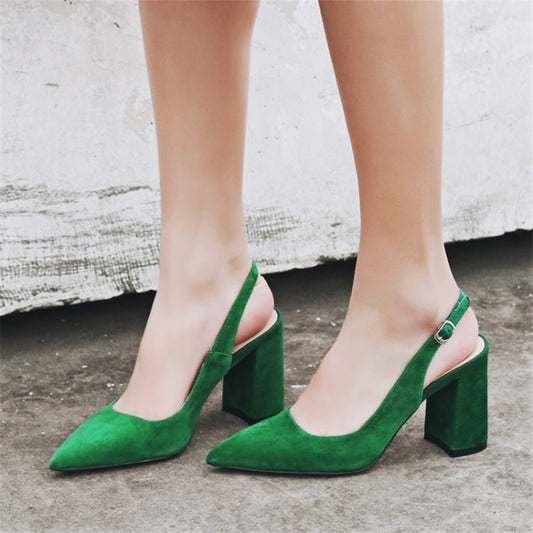 Buckle Pointed Toe Suede Chunky Heel High Heels