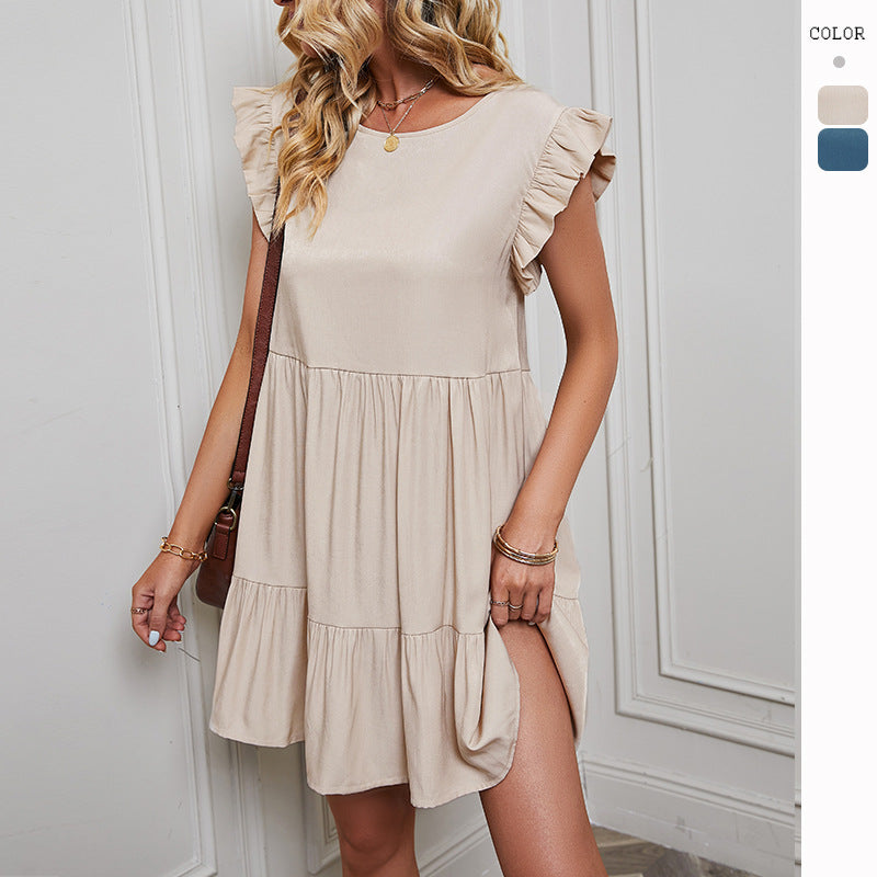 New Solid Color Round Neck Ruffle Sleeve Spring/Summer Dress