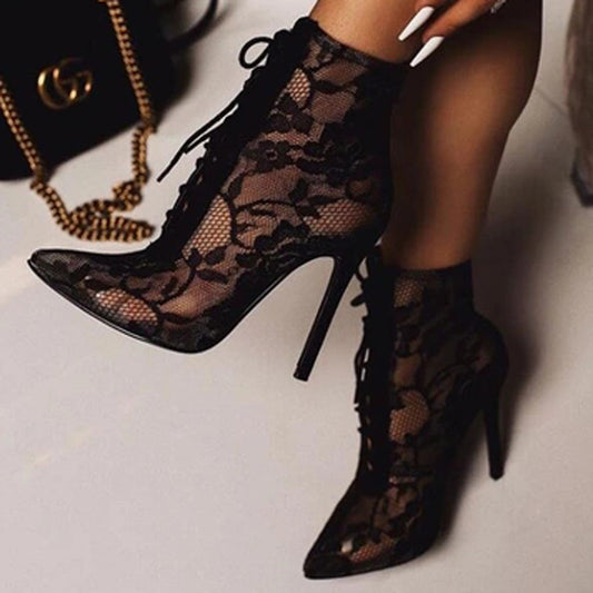 Fashion Breathable Mesh Lace Pointed High Heel Sandals