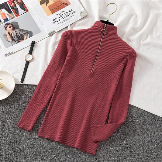 Zipper Half Turtleneck Sweater Women Solid Slim Autumn Winter Clothes Basic Fashion Pullover