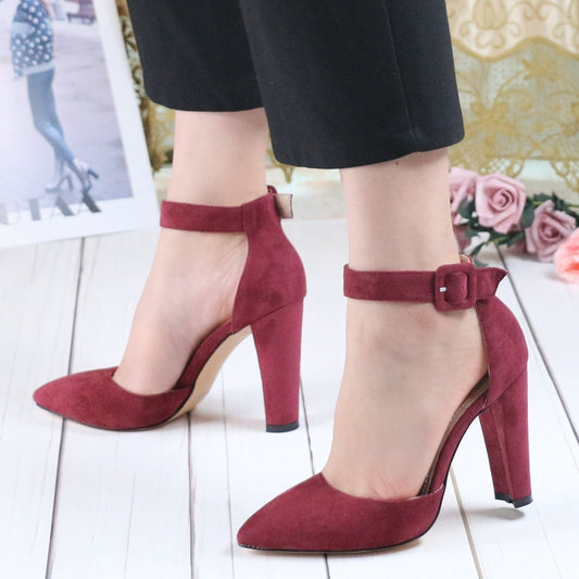 Pointed Toe Suede Buckle High Heels