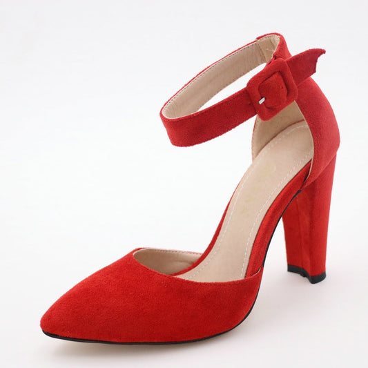 Pointed Toe Suede Buckle High Heels