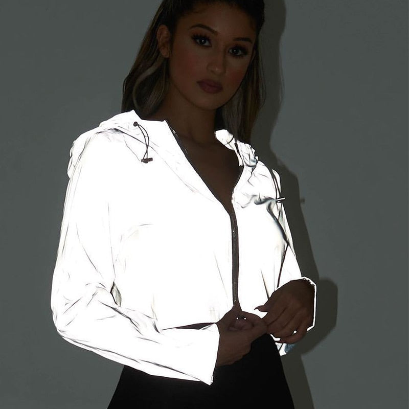 Reflective Boomber Hooded Jacket Women Night Glowing Short Jacket Coat Streetwear Long Sleeve Zipper Outwear