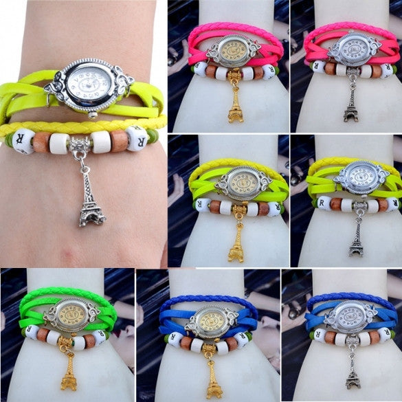 Women's Quartz Tower Pendant Weave Wrap Synthetic Leather Bracelet Wrist Watch
