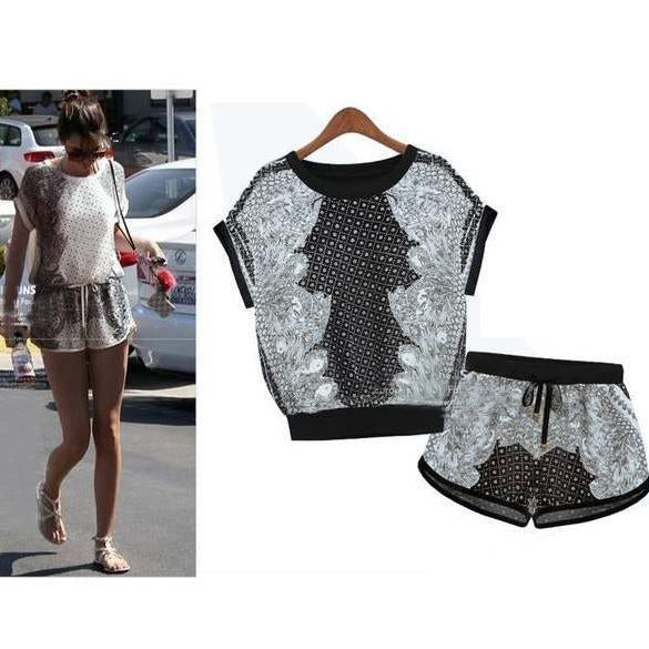 Print T-shirt Shorts Playsuit Activewear Two Pieces Suit - Meet Yours Fashion - 2