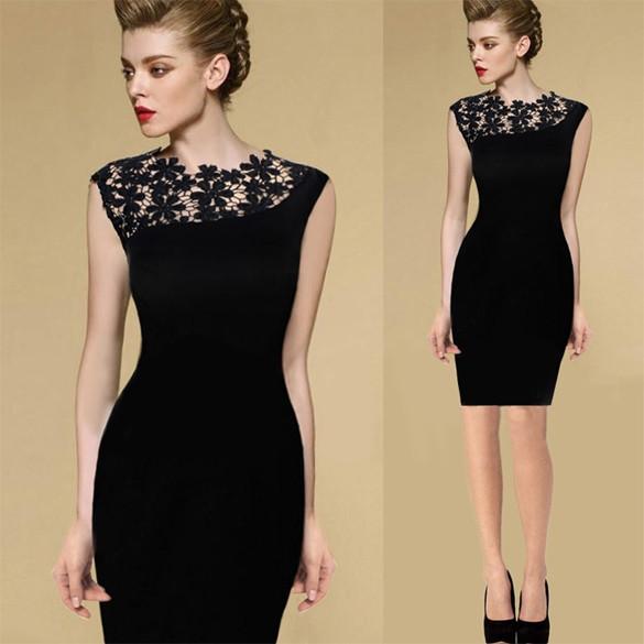 Floral Crochet Stretch Bodycon Knee-length Black Dress - Meet Yours Fashion - 1