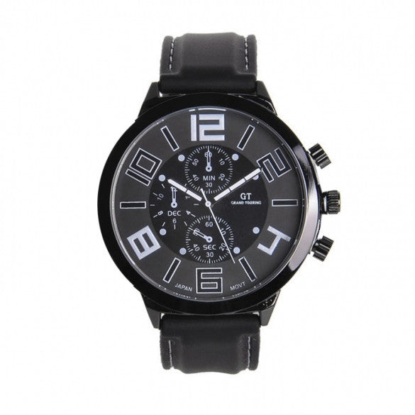 Men Sport Round Dial Quartz Black Rubber Strap Wrist Watch Large Display