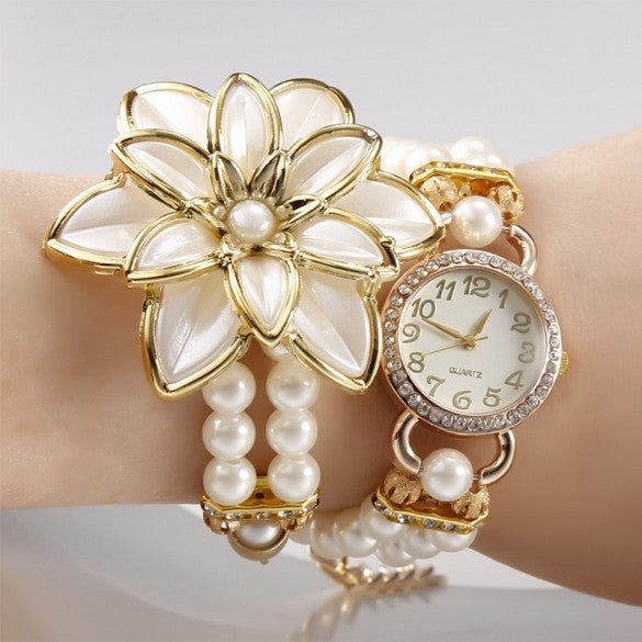 Beads Flower Wrap Bracelet Quartz Wristwatches