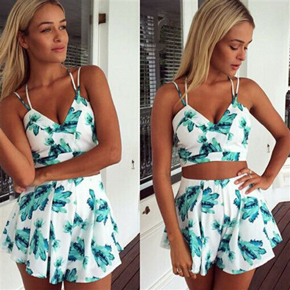 Backless Print Two Pieces Top Shorts Set Dress Suits - May Your Fashion - 1