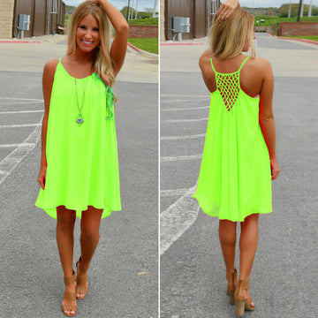 Women Sexy Casual Chiffon Sleeveless Back Hollow Solid A Line Short Dress - May Your Fashion - 1