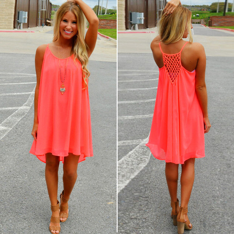 Women Sexy Casual Chiffon Sleeveless Back Hollow Solid A Line Short Dress - May Your Fashion - 3