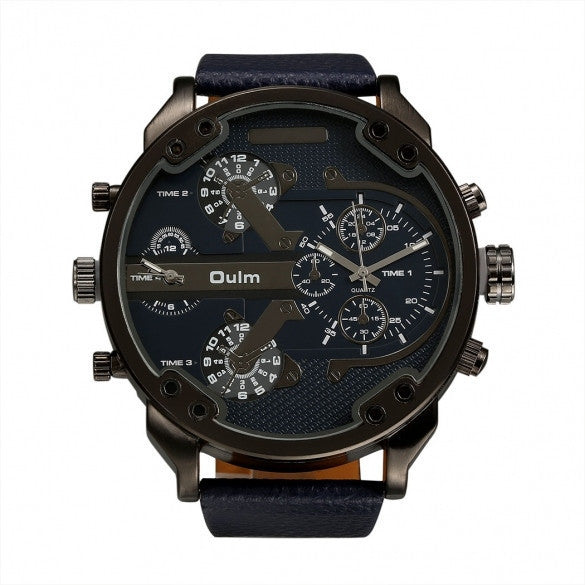 OULM Fashion Oversized Dual Dial Display Time Chronograph PU Leather Band Men's Watch - May Your Fashion - 3