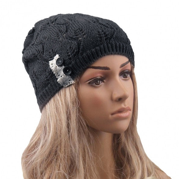 New Stylish Ladies Women Wool Button Lace Patchwork Knitted Warm Hat
