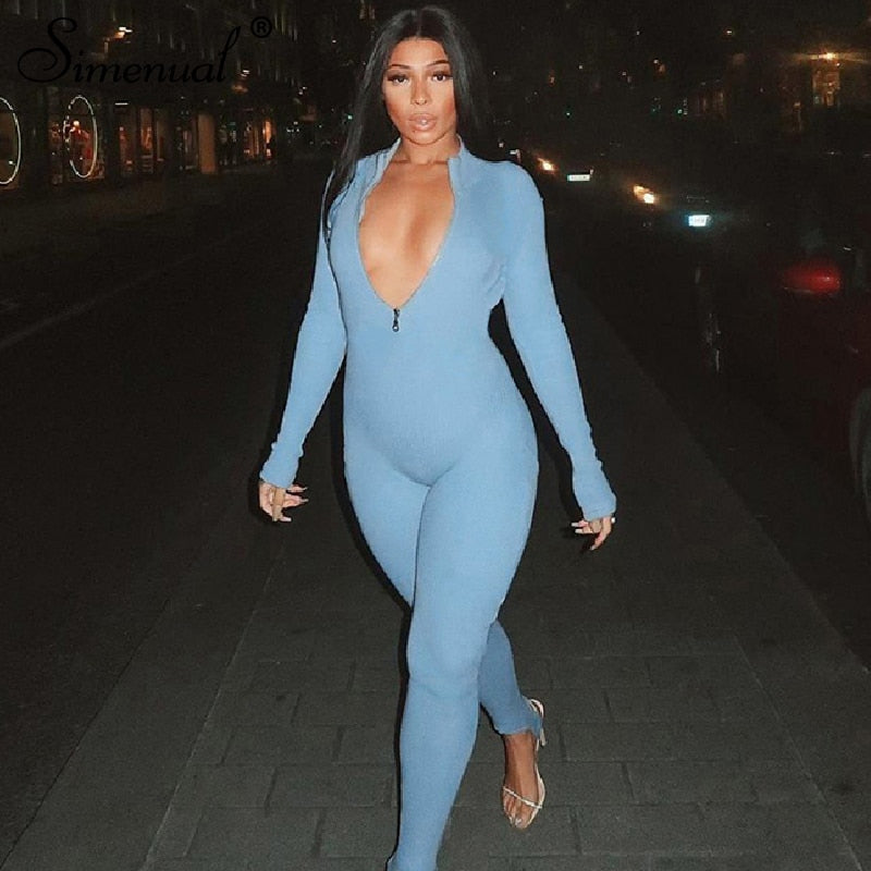 Sexy Blue Long Sleeve Plain Bodycon Skinny Jumpsuits