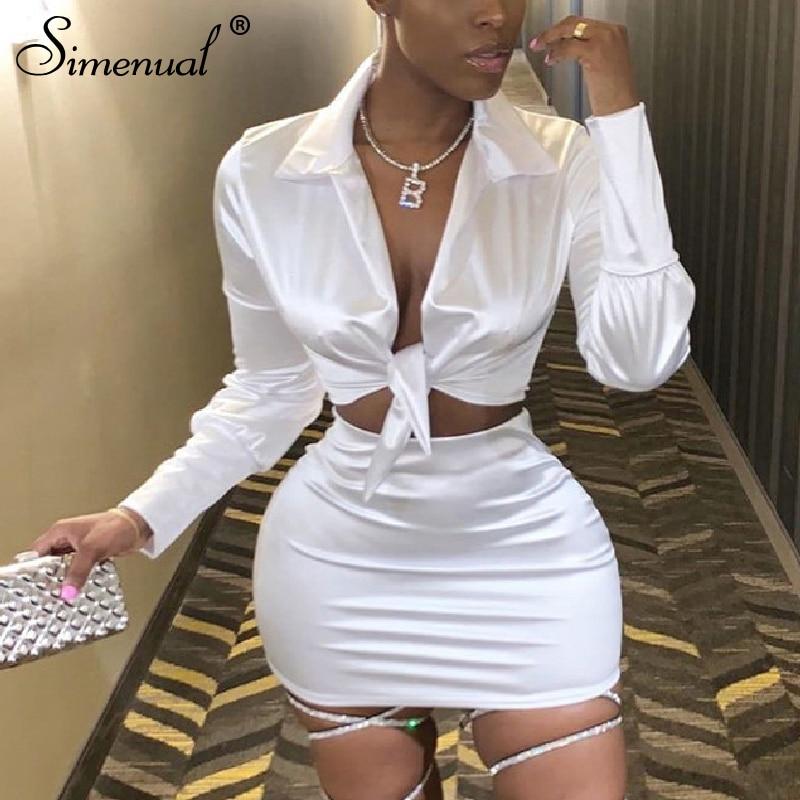 Sexy Fashion Satin Matching Sets Women V Neck Party Hot Silk 3 Piece Outfits Long Sleeve Bandage Crop Top And Skirt Set