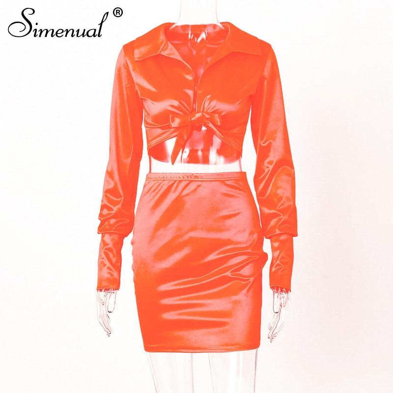 Sexy Fashion Satin Matching Sets Women V Neck Party Hot Silk 5 Piece Outfits Long Sleeve Bandage Crop Top And Skirt Set