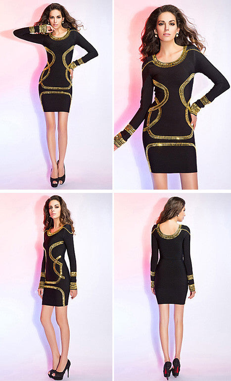 Gold Foil Long Sleeves Tunic Party Bodycon Dress - May Your Fashion - 10