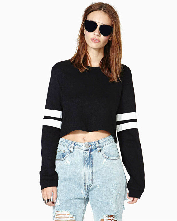 Ribbed Knit Solid Color Short Crop Sweatshirt - May Your Fashion - 1