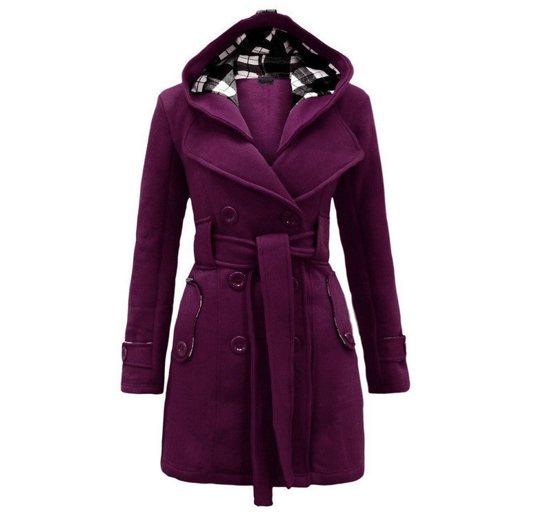 Plus Size Double Breasted Long with Belt Hooded Coat - May Your Fashion - 8