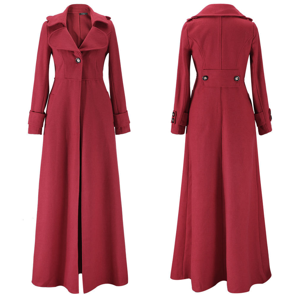 Turn-down Collar Woolen Slim Full Length Coat - May Your Fashion - 9
