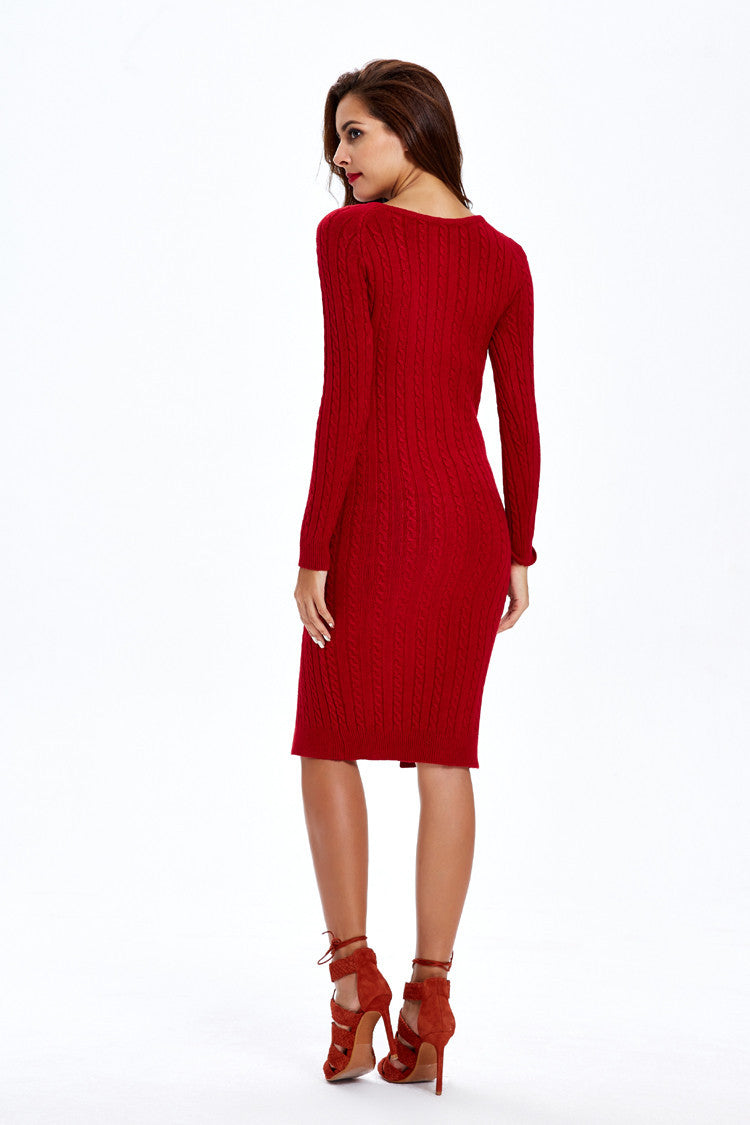Fashion Slit Slim Twist Knit Long Sweater Dress
