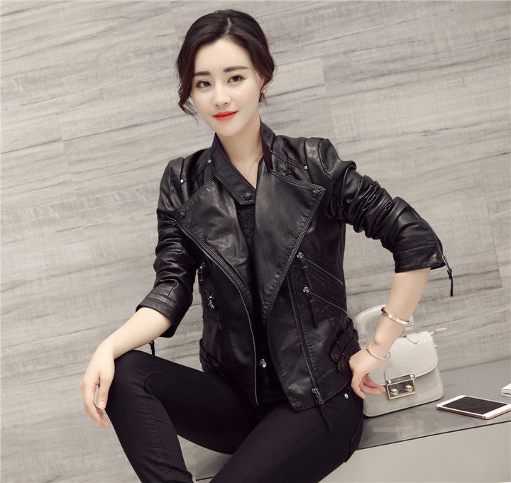 Black Oblique Zipper Slim Stand Collar Crop Jacket - May Your Fashion - 4