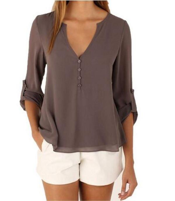V-neck Long Sleeves Loose Plus Size Chiffon Blouse - Meet Yours Fashion - 5