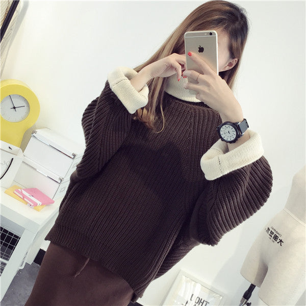 Korean Solid Color Knit Big Pullover Splicing Sweater - May Your Fashion - 2