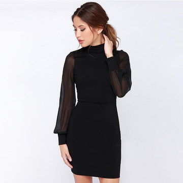Slim Pure Color Splicing Backless Long sleeve Short Dress - Meet Yours Fashion - 1