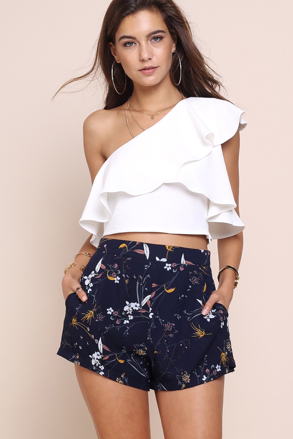 Floral Print High Waist Loose Polyester Shorts