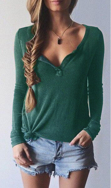 Ribbed Knit V-neck Pure Color Long Sleeves Sweater - May Your Fashion - 1