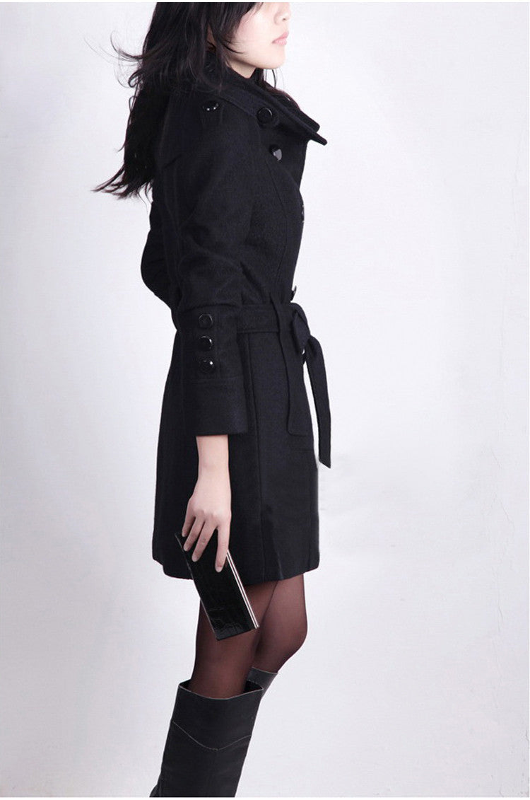 Double Breasted Stand Collar Belt Slim Long Plus Size Coat - May Your Fashion - 5