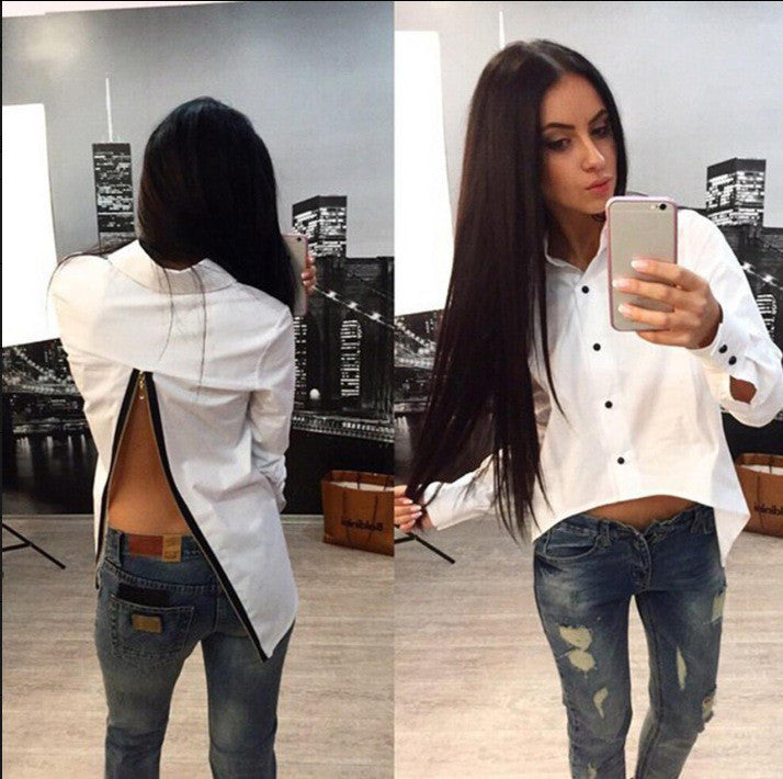 Irregular Split Pure Color Back Zipper Turn-down Collar Blouse - May Your Fashion - 2
