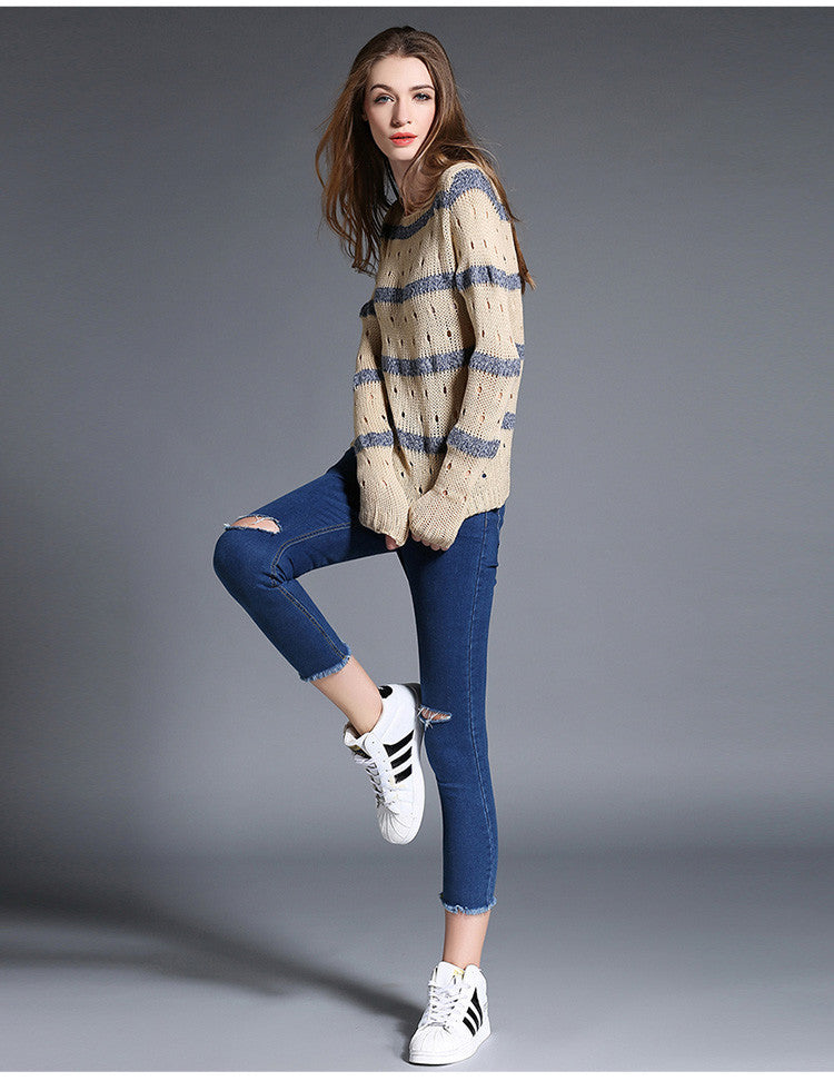 Fashion Stripe Hollow Out Pullovers Knitwear Sweater
