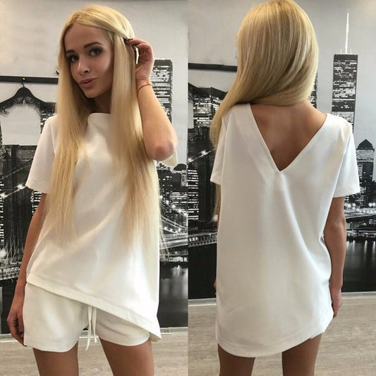 Short Sleeves Pure Color Blouse Shorts Two Pieces Suits - May Your Fashion - 2