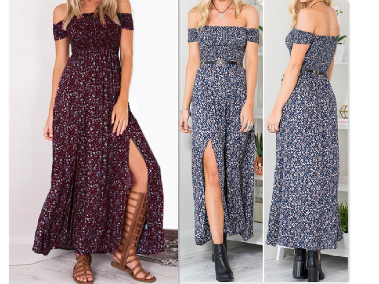 Off Shoulder Floral Print Split Long Dress