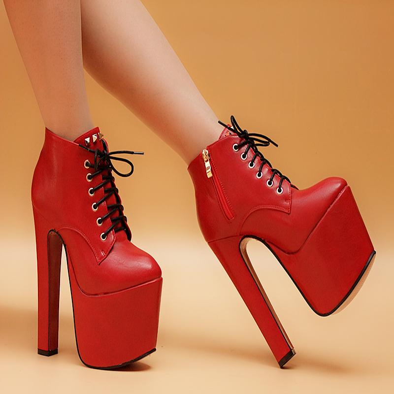 Lace Up Zipper PU Round Toe Platform Supper HIgh Heels Party Shoes