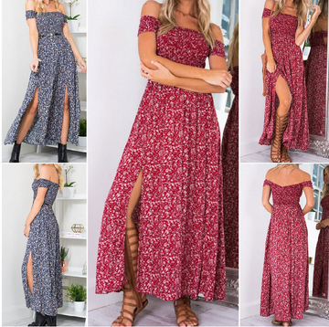 Off Shoulder Floral Print Split Long Dress