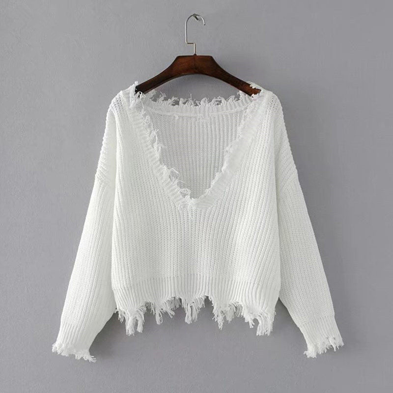 Rough Edge Big Neckline Irregular Short Sweater