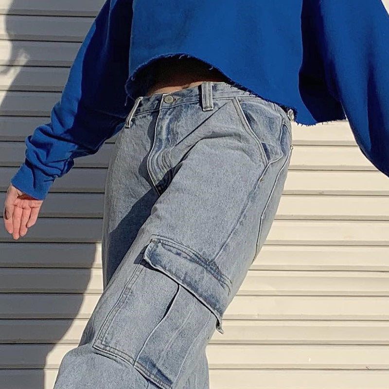 Sexy Blue High Waist Straight Loose Denim Pants