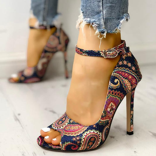 Peep Toe Print Buckle High Heels