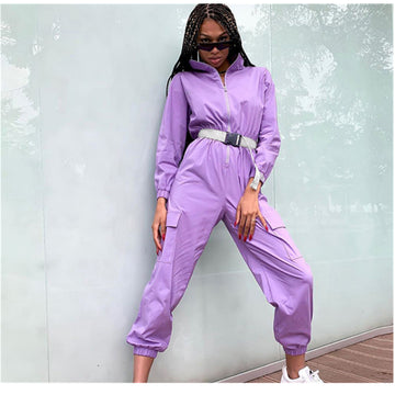 Purple Long Sleeve Zipper Bodycon PocketsJumpsuits