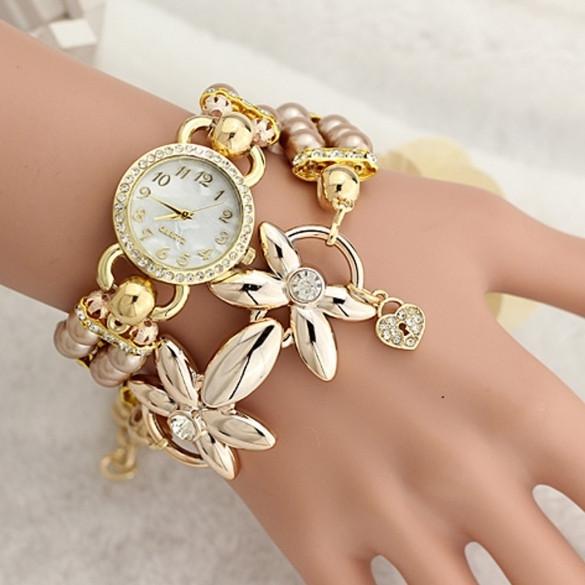 New Women Beads Band Wristwatch Round Analog Battery Charming Link Chain Casual Party Watch