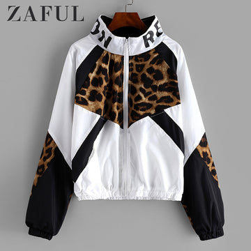 Leopard Jacket Women Zip Front Leopard Colorblock Windbreaker Jacket High Neck Outwear Streetwear Autumn Coats