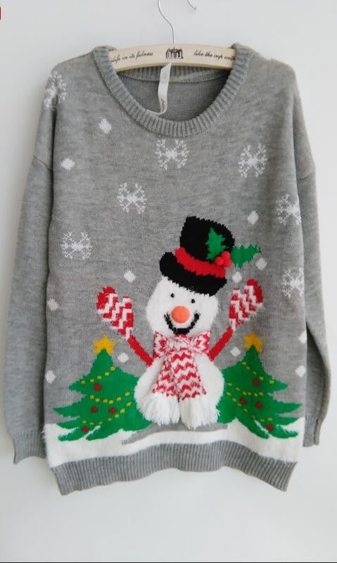 Fashion Christmas Tree Snowman Round Collar Knit Sweater