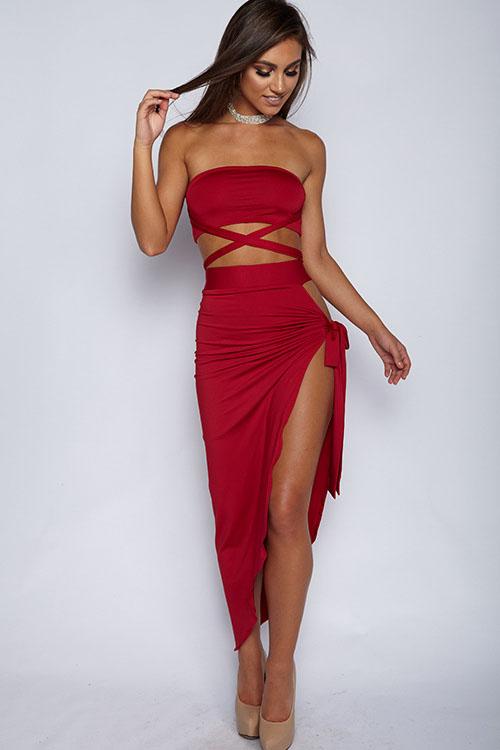 Strapless Bandage Crop Top with Long Split Skirt Two Pieces Dress Set